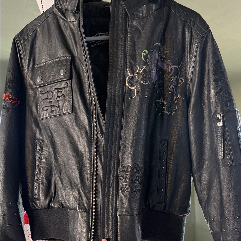 Ed Hardy vintage Black Bomber Jacket with Multicolor Embroidery